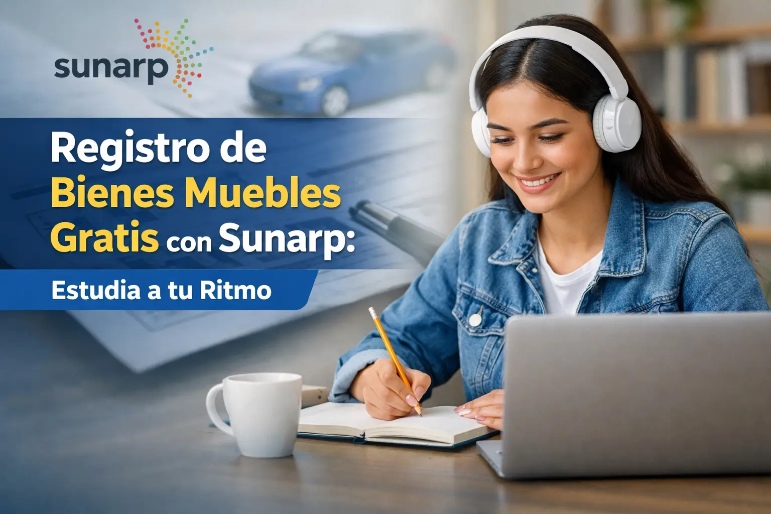 Jovem mulher estudando programa Registro de Bienes Muebles Gratis