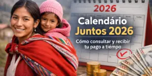 Mulher sorridente com criança e calendário 2026 montanhas
