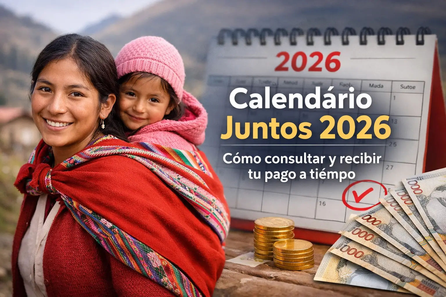 Mulher sorridente com criança e calendário 2026 montanhas