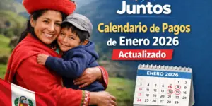 Mulher com roupa peruana e menino sorridente, paisagem verde, bandeira do Peru, calendário de pagamentos 2026