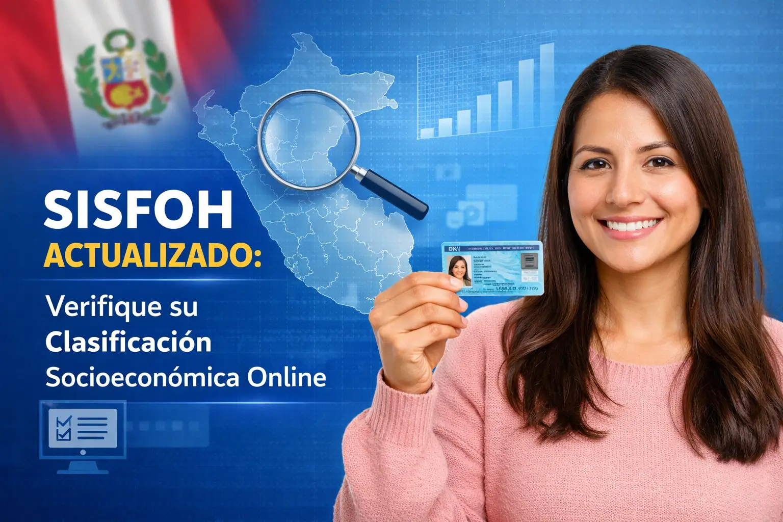 Mulher sorrindo com cartão SISFOH, mapa do Peru ao fundo