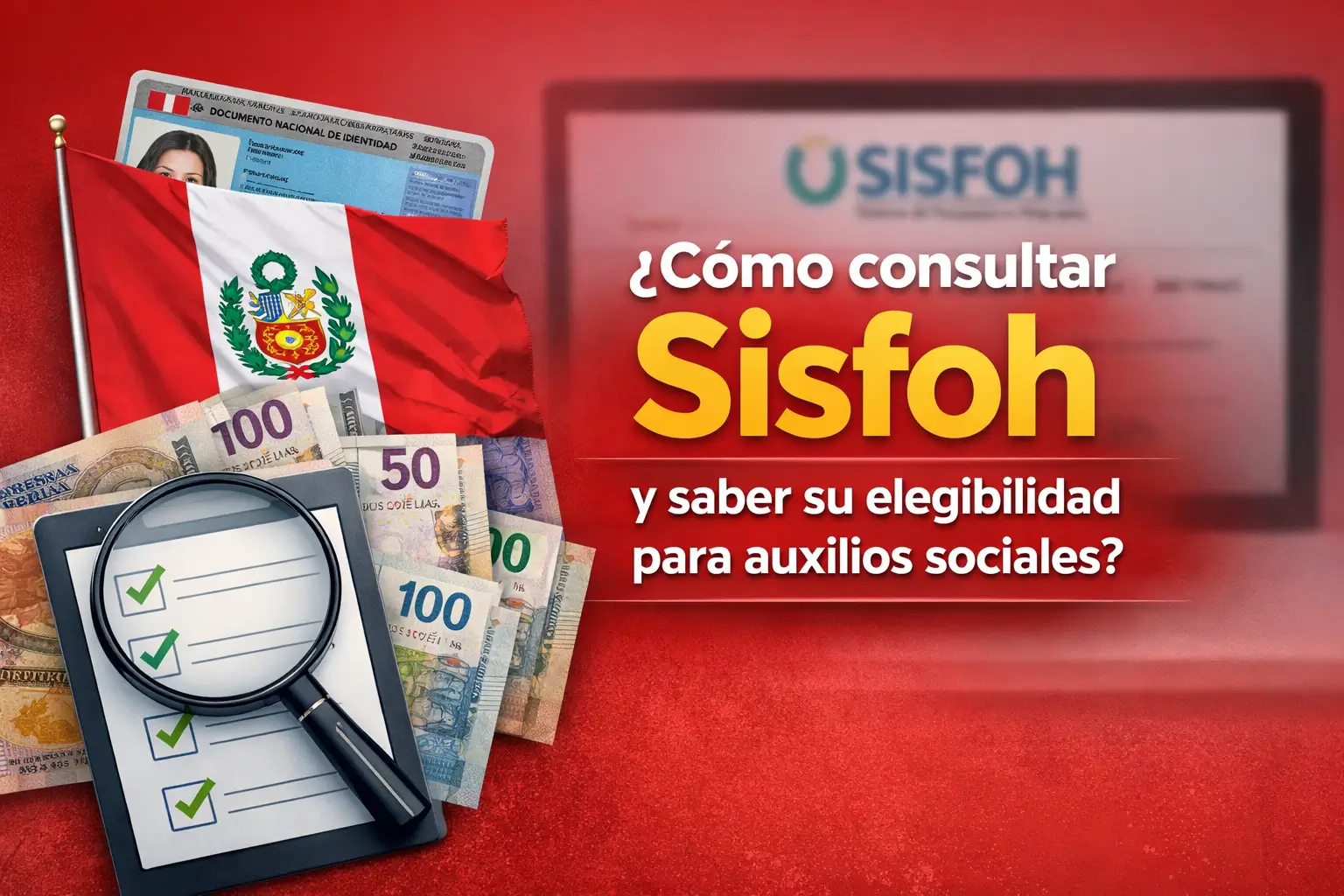 Bandeira e moeda peruana com lupa e checklist SISFOH