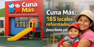 Mulher segurando criança sorridente no parque Cuna Más em 2026