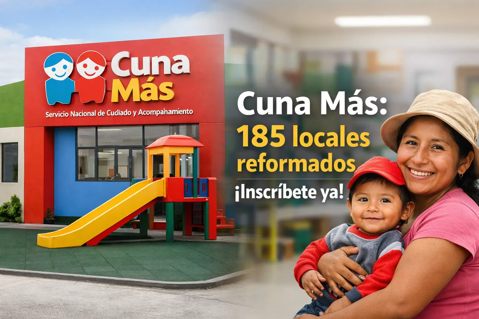 Mulher segurando criança sorridente no parque Cuna Más em 2026