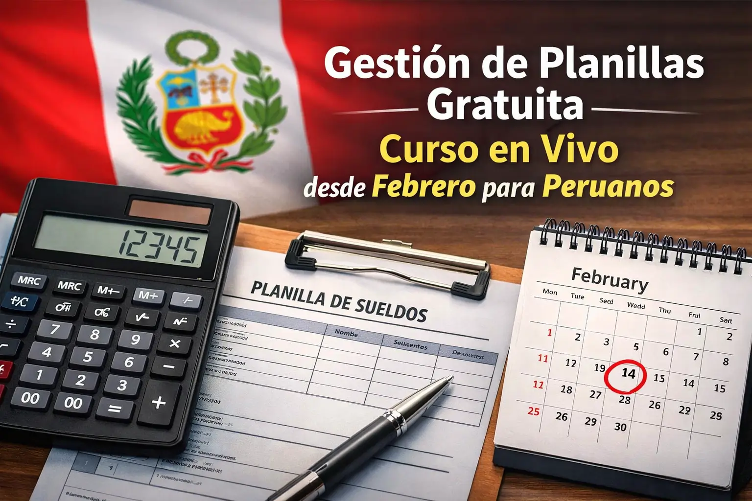Calculadora com '12345', planilla de sueldos e bandeira do Peru