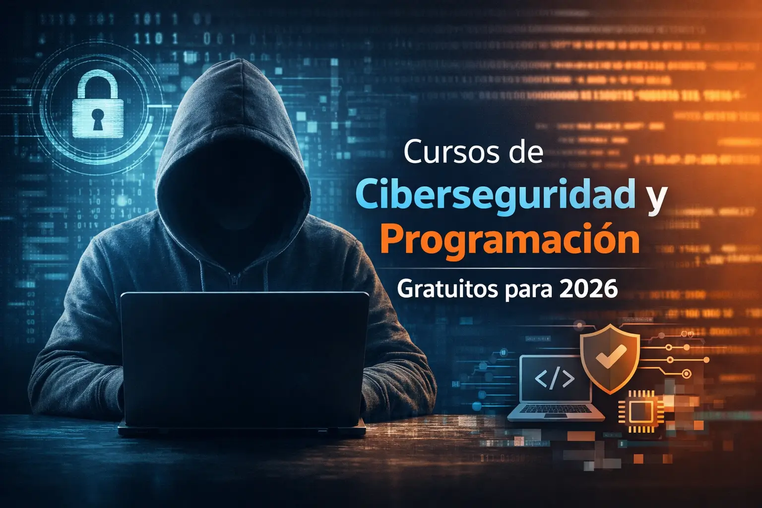 Figurante encapuzado no computador para cursos gratuitos 2026