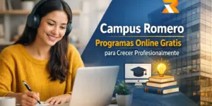 Jovem mulher estudando com laptop e promovendo Campus Romero