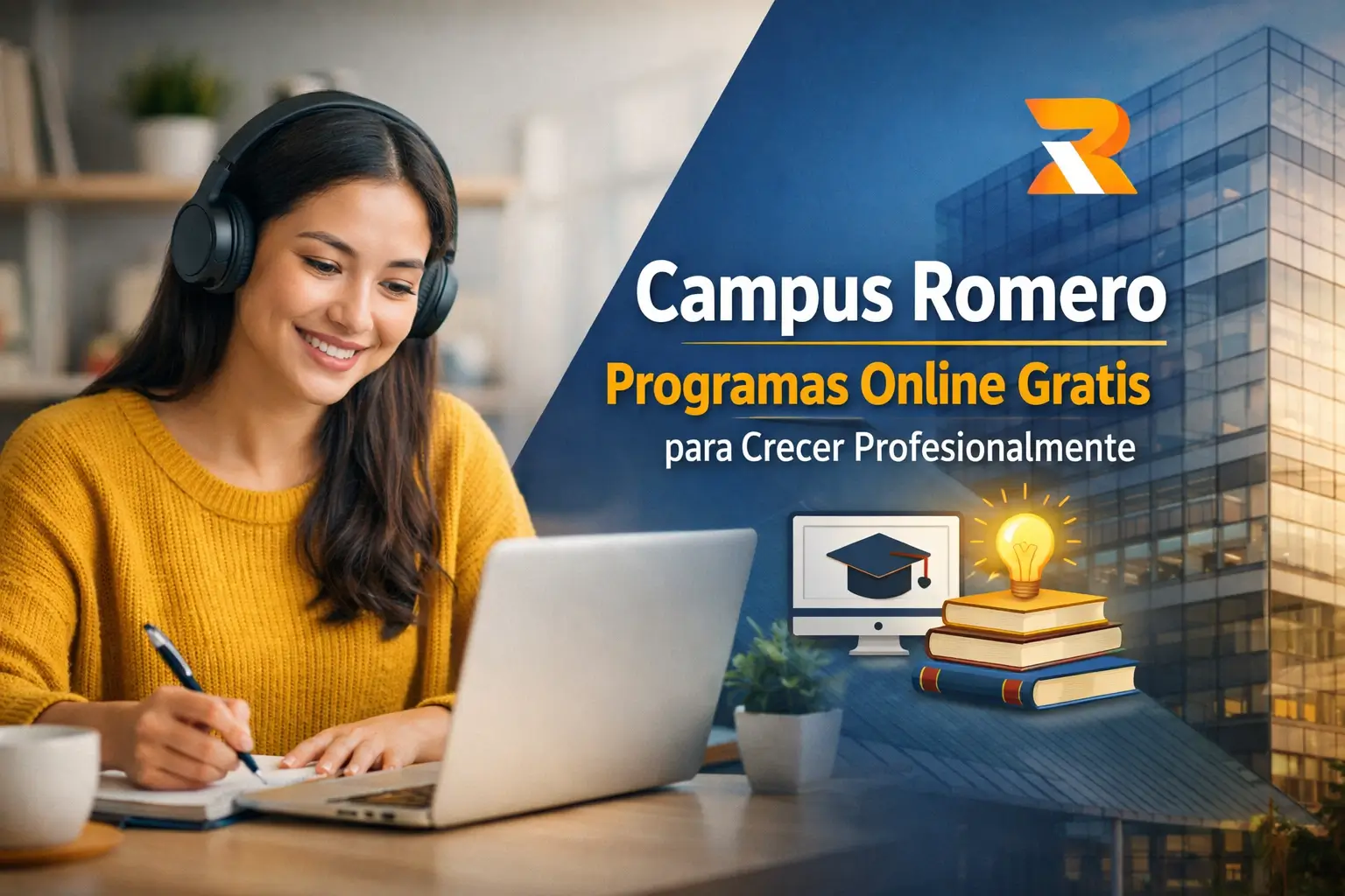 Jovem mulher estudando com laptop e promovendo Campus Romero