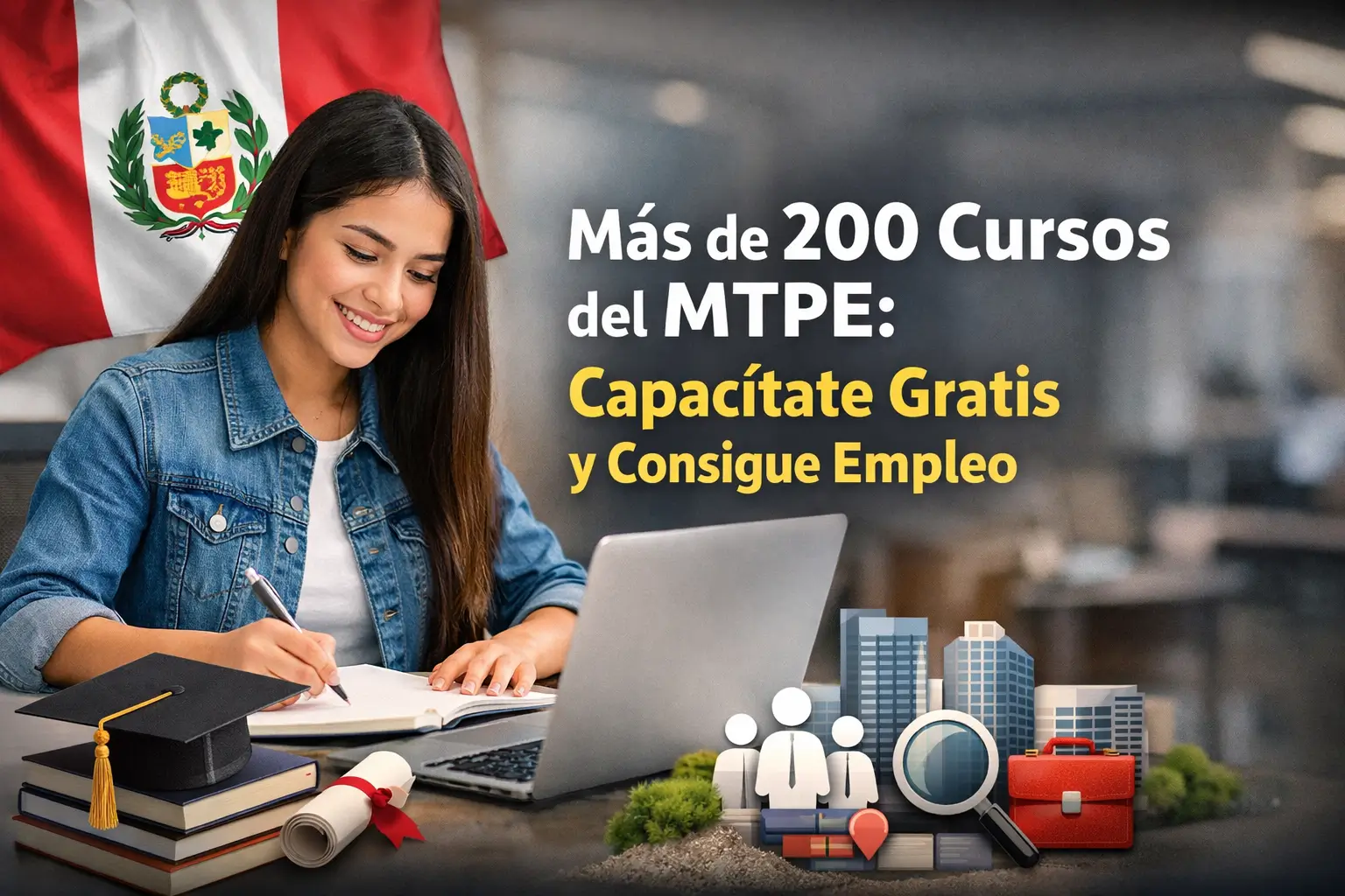 Mulher brasileira estudando com laptop e diploma em fundo peruano