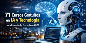 Robo futurista com laptop e cérebro brilhante em cidade à noite
