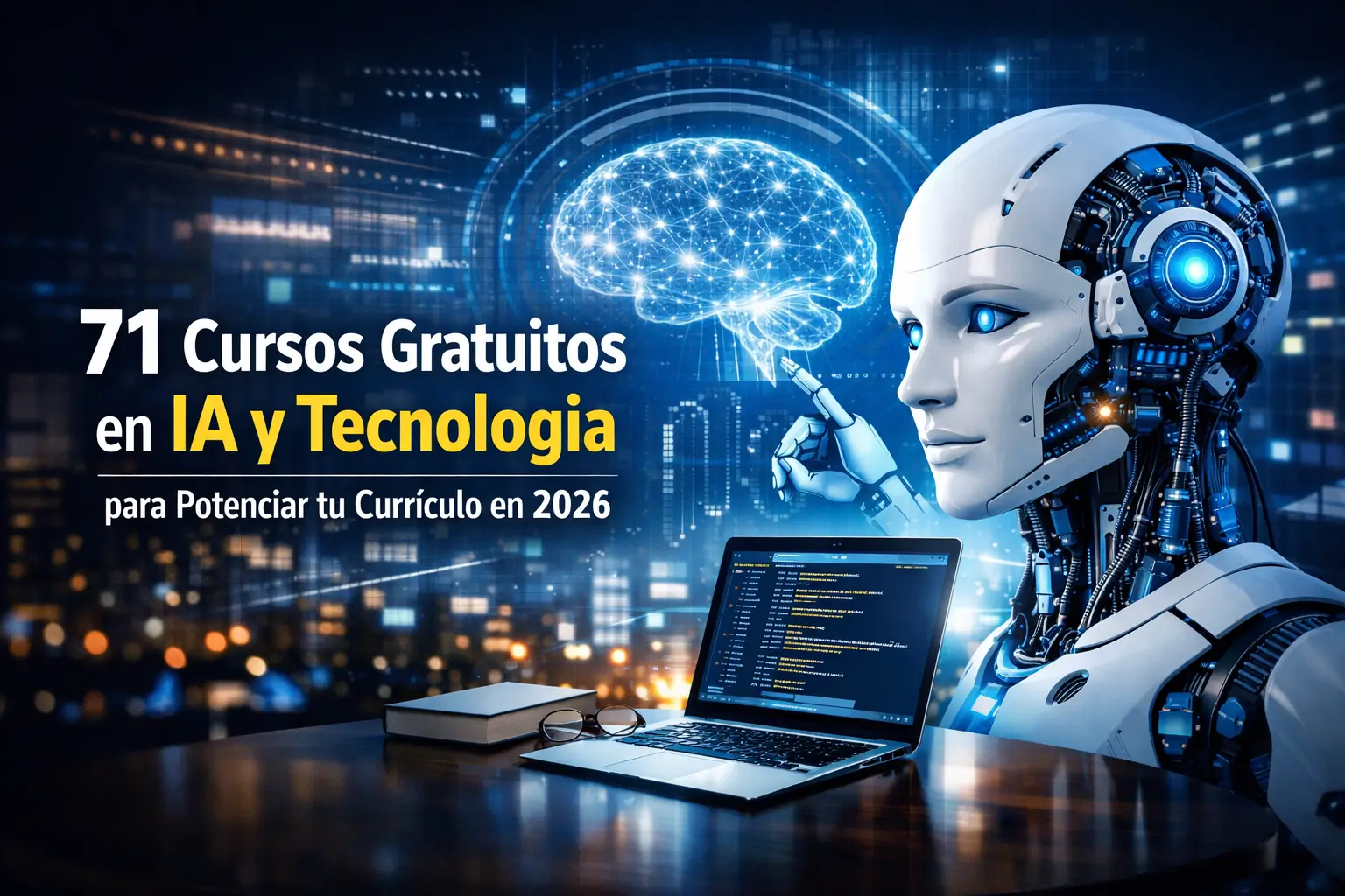 Robo futurista com laptop e cérebro brilhante em cidade à noite