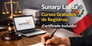 Pessoa escreve em caderno com bandeira peruana e logotipo SUNARP