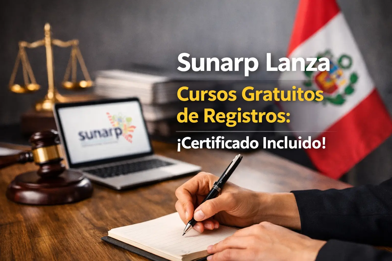 Pessoa escreve em caderno com bandeira peruana e logotipo SUNARP