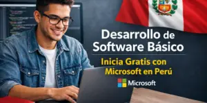 Jovem sorrindo trabalhando em laptop com bandeira do Peru