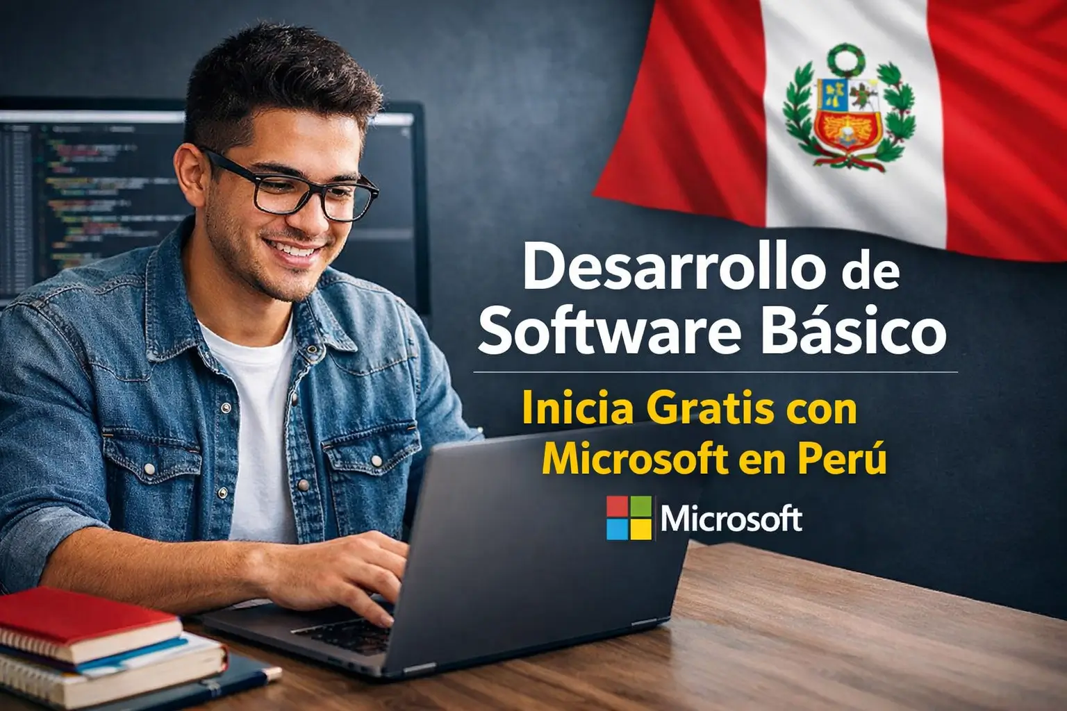 Jovem sorrindo trabalhando em laptop com bandeira do Peru