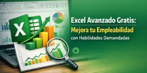 Gráfico verde sobre curso de Excel Avançado com logo e lupa