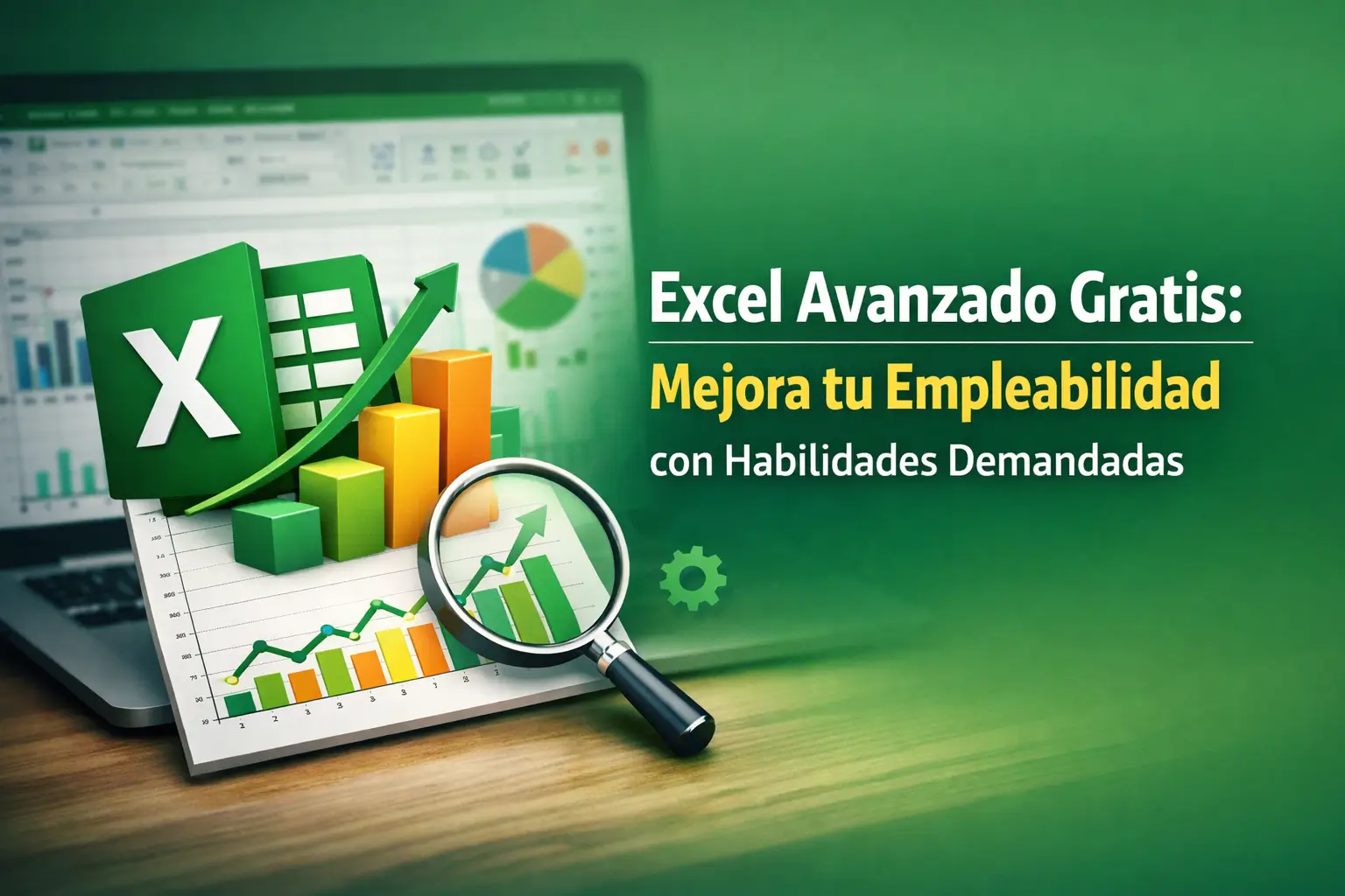 Gráfico verde sobre curso de Excel Avançado com logo e lupa