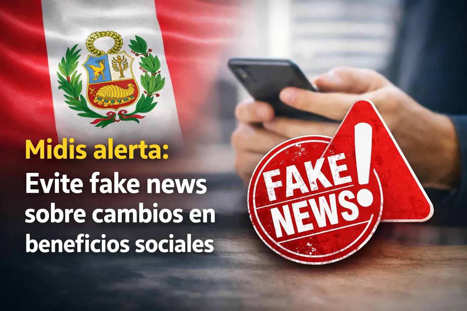 Pessoa com smartphone lendo alerta sobre fake news e benefícios sociais no Peru