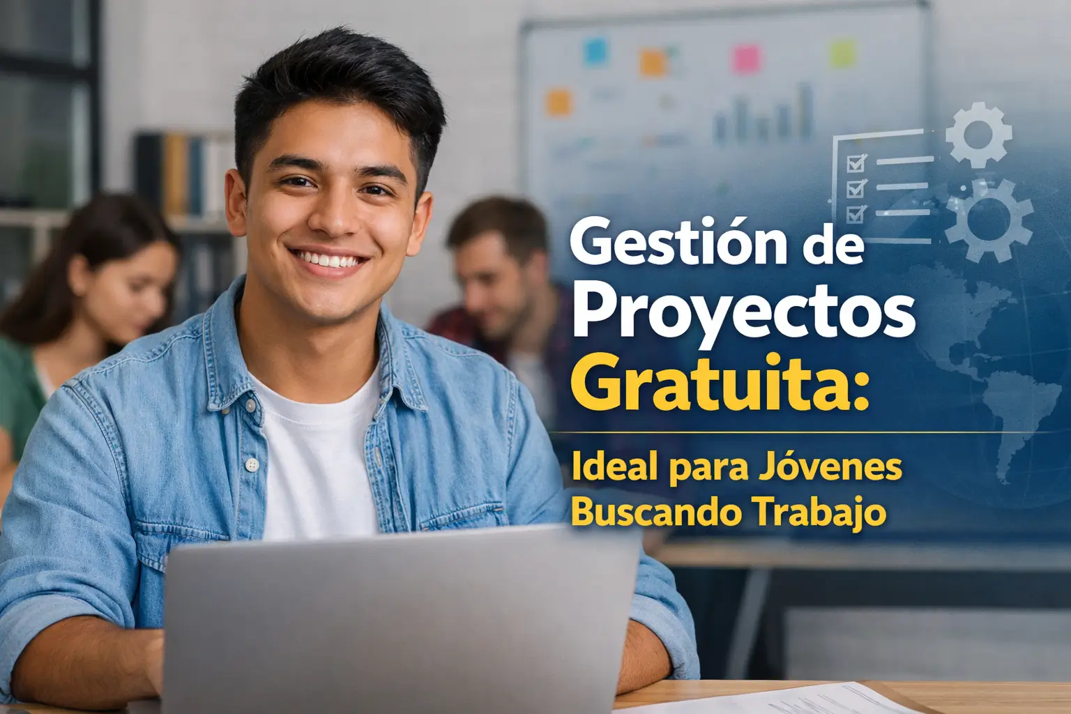 Jovem aprendendo finanças com laptop e colegas ao fundo