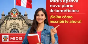Jovem mulher sorrindo com bandeira peruana e plano de benefícios