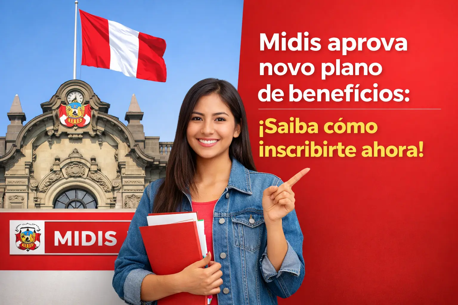 Jovem mulher sorrindo com bandeira peruana e plano de benefícios
