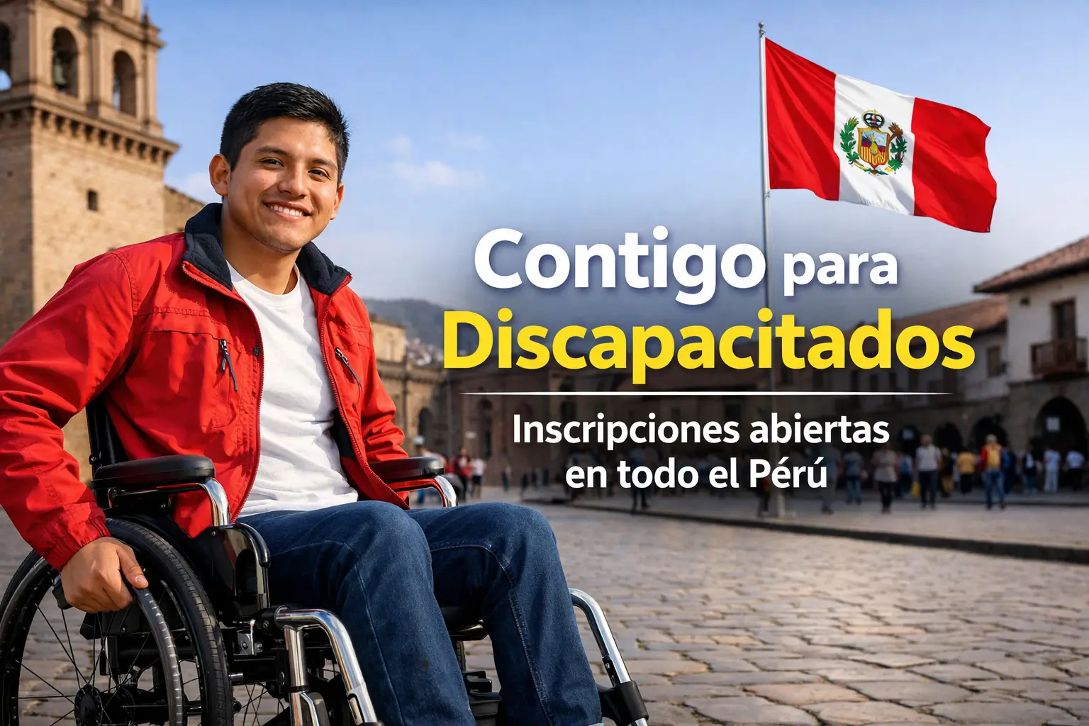 Jovem sorridente em cadeira de rodas em praça histórica no Peru