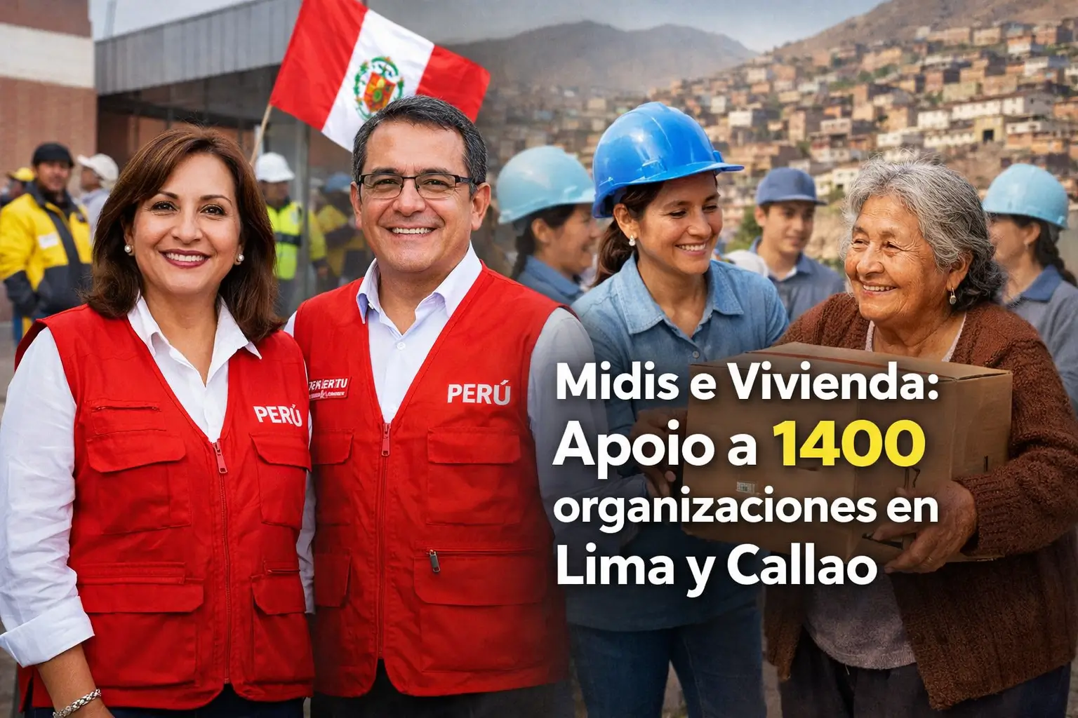 Indivíduos com coletes PERÚ em um canteiro de obras