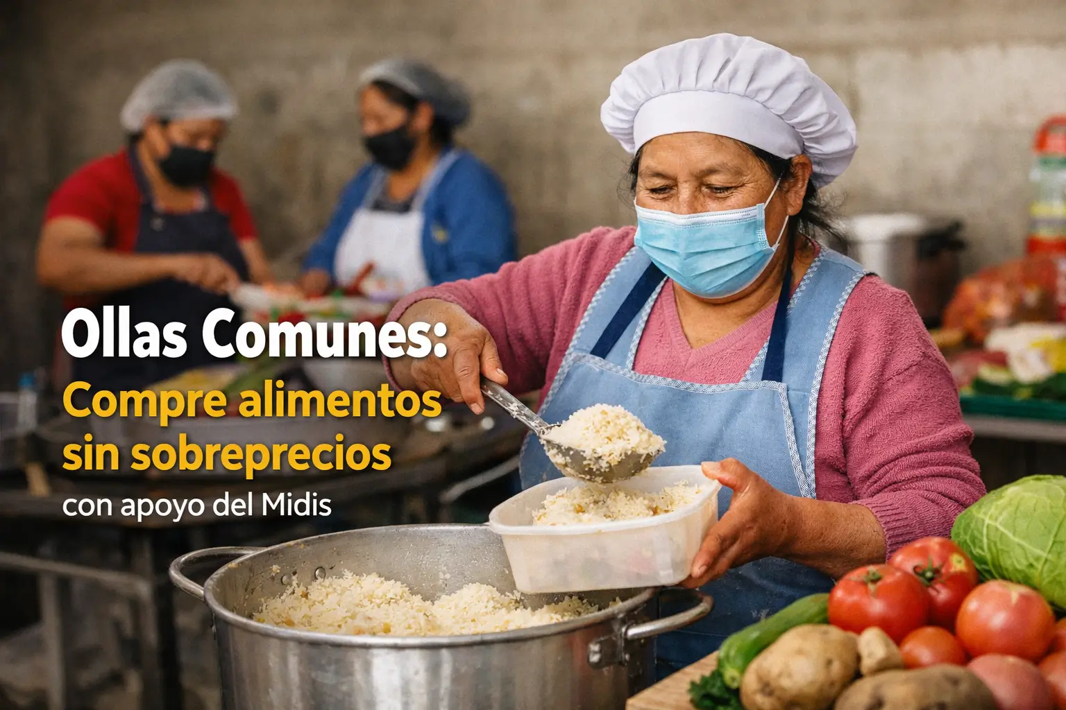 Mulher servindo arroz em Ollas Comunes na cozinha comunitária