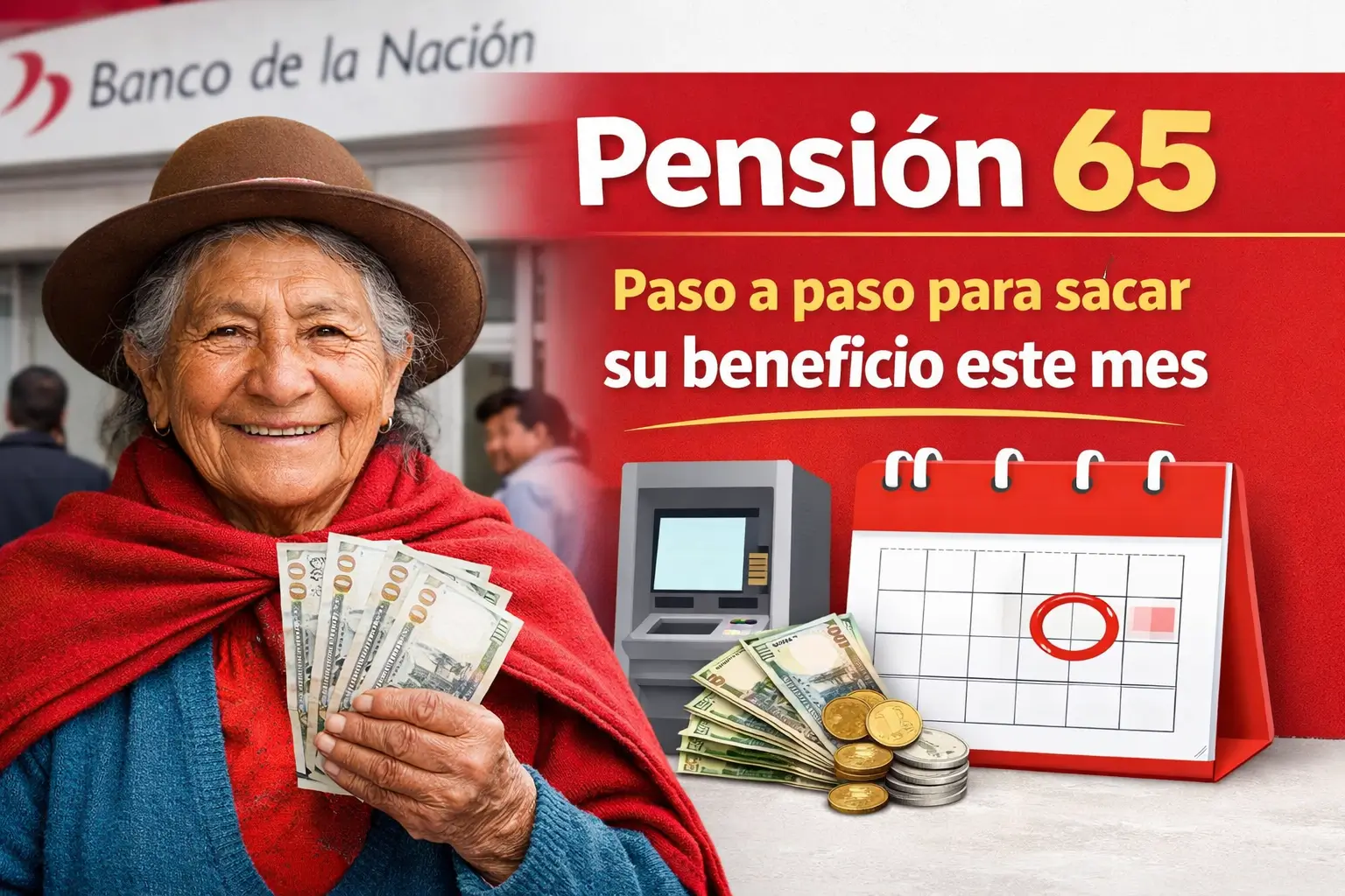 Mulher idosa sorrindo com notas bancárias, Banco de la Nación ao fundo