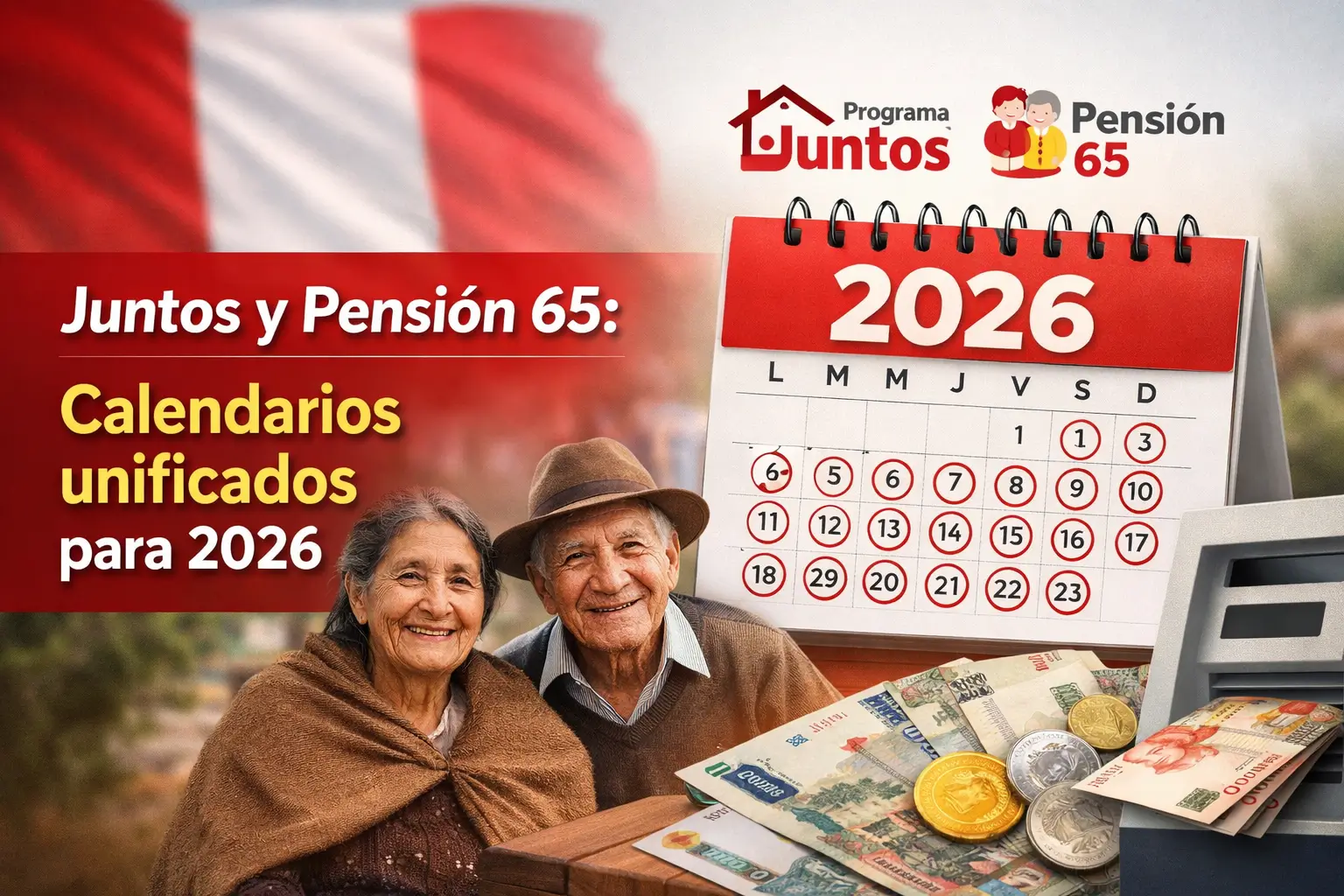Casal idoso sorrindo com calendário 2026 e bandeira peruana
