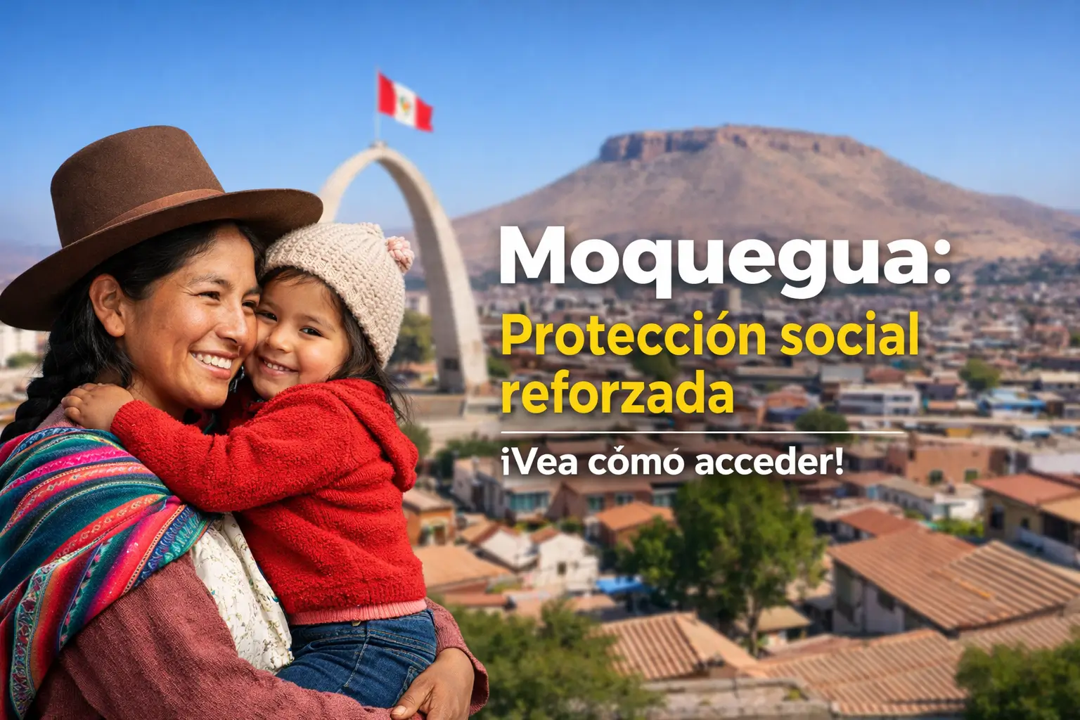 Mulher e criança felizes em Moquegua com foco em proteção social